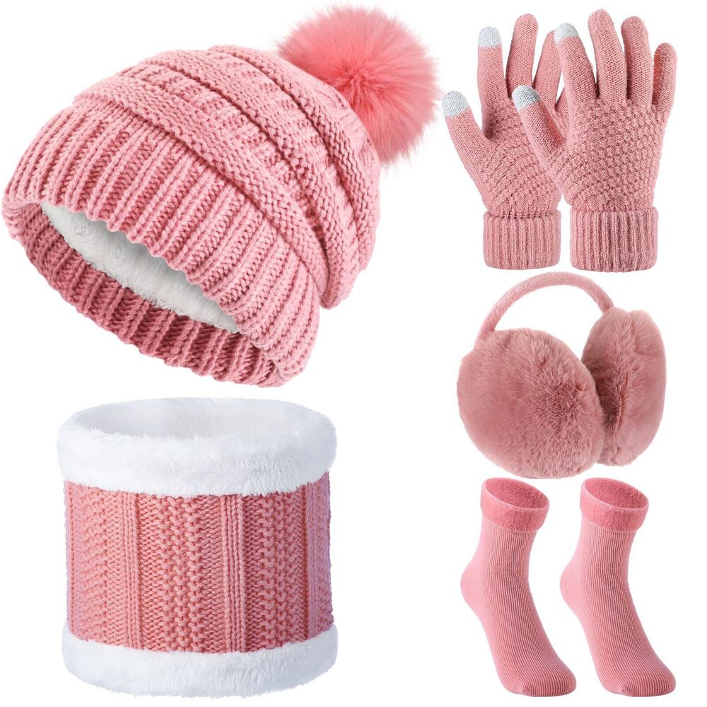 9523 5 Pieces Winter Ski Outing Set, Knit Hat Scarf Gloves Earmuffs